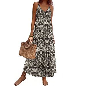 V Neck Loose Spaghetti Strap Long Dress With Pockets, MEDIUM, 2J-139D003